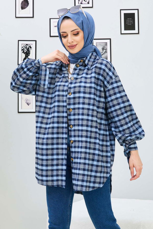 Düz Gömlek Yaka Kadın Mavi Tunik - 11167 MAVİ