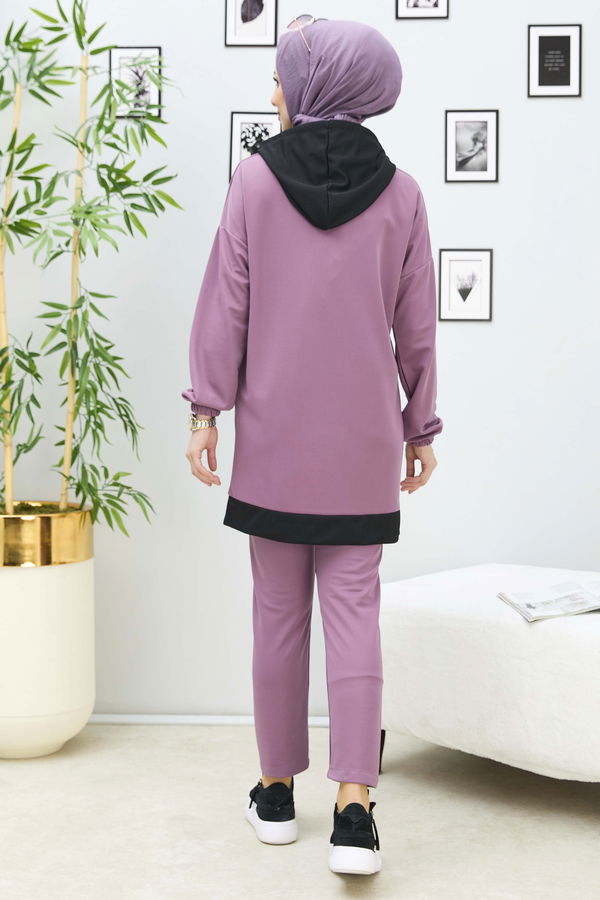 Düz Kapşonlu Yaka Kadın Lila Tunik Pantolon - 11305 LİLA