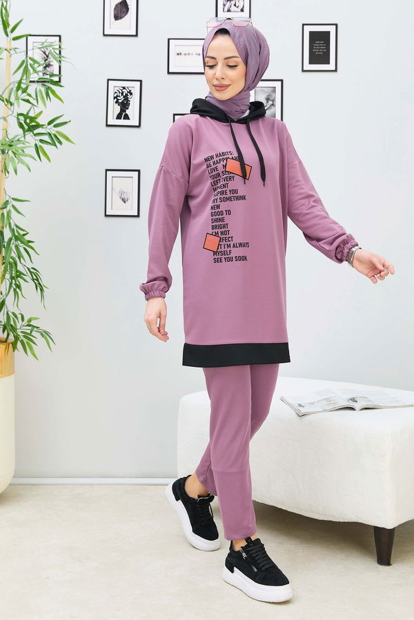 Düz Kapşonlu Yaka Kadın Lila Tunik Pantolon - 11305 LİLA