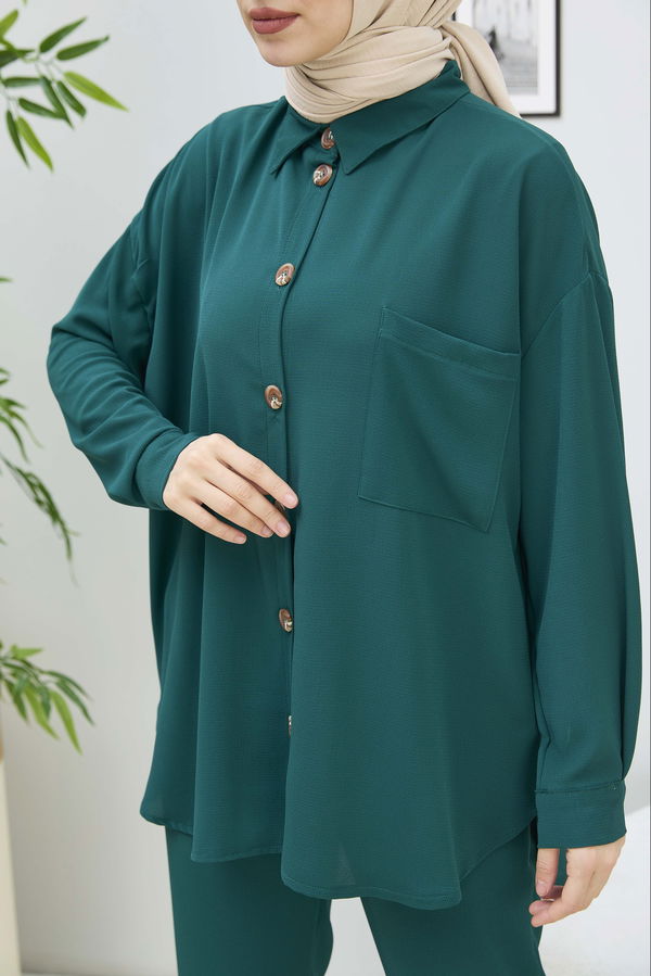 Düz Gömlek Yaka Kadın Yeşil Tunik Pantolon - 11304