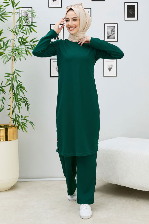 Düz Bisiklet Yaka Kadın Yeşil Tunik+Pantolon - 11326 YEŞİL