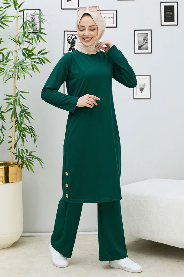 Düz Bisiklet Yaka Kadın Yeşil Tunik+Pantolon - 11326 YEŞİL