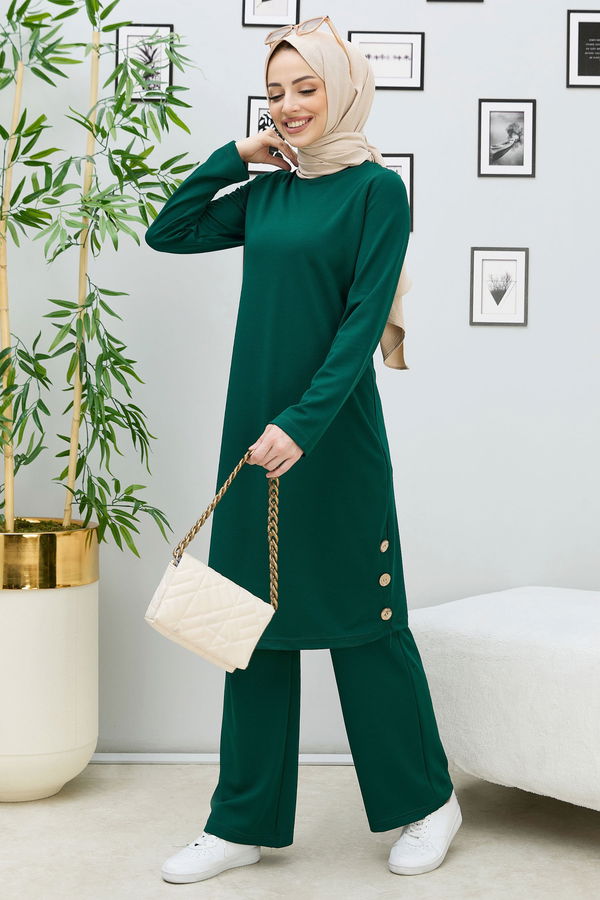 Düz Bisiklet Yaka Kadın Yeşil Tunik+Pantolon - 11326 YEŞİL