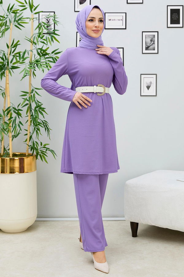 Düz BİSİKLET YAKA Kadın Lila Tunik Pantolon - 10572