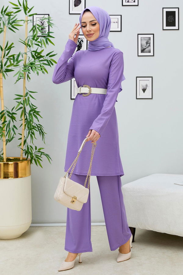 Düz BİSİKLET YAKA Kadın Lila Tunik Pantolon - 10572