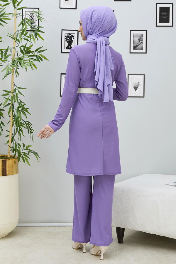 Düz BİSİKLET YAKA Kadın Lila Tunik Pantolon - 10572