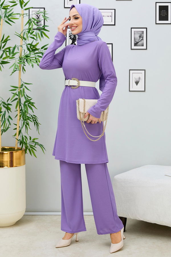 Düz BİSİKLET YAKA Kadın Lila Tunik Pantolon - 10572