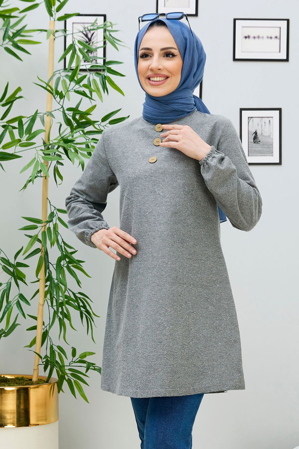 Düz Bisiklet Yaka Kadın Gri Tunik - 3998