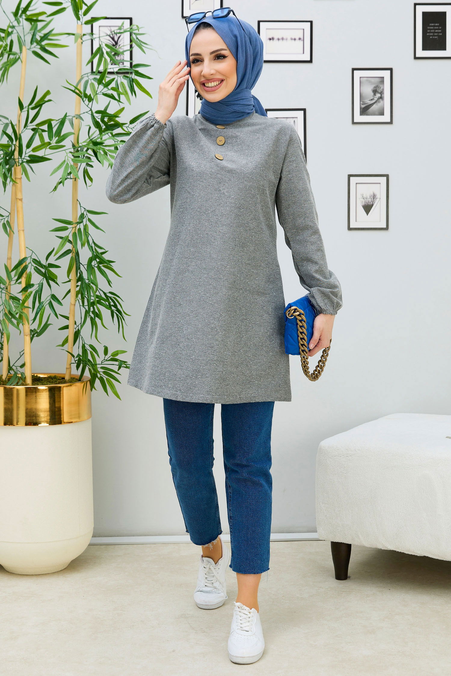 Düz Bisiklet Yaka Kadın Gri Tunik - 3998