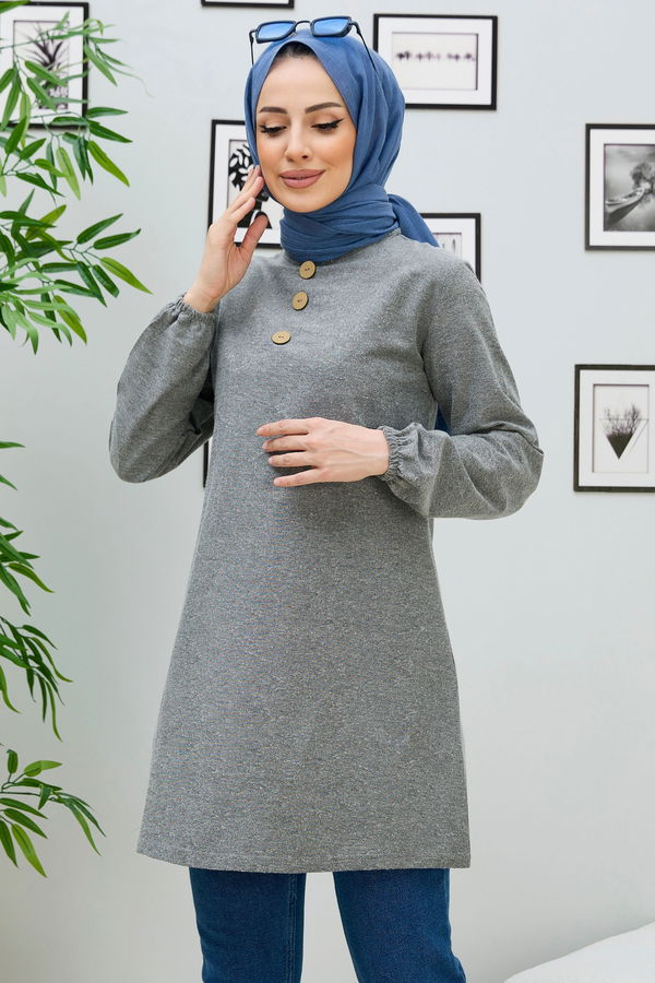 Düz Bisiklet Yaka Kadın Gri Tunik - 3998