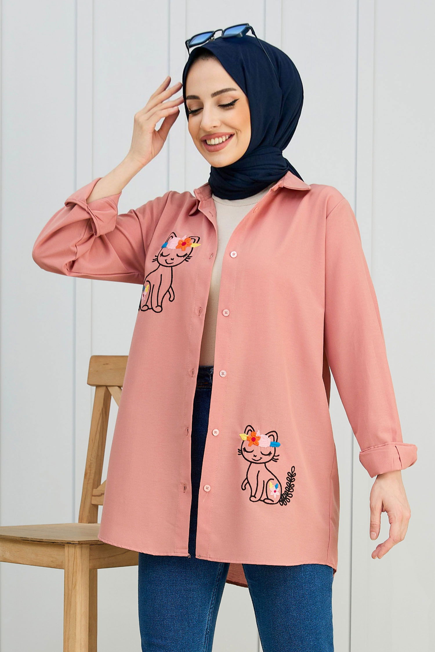 Düz Orta Kadın Pembe Gömlek - 21879