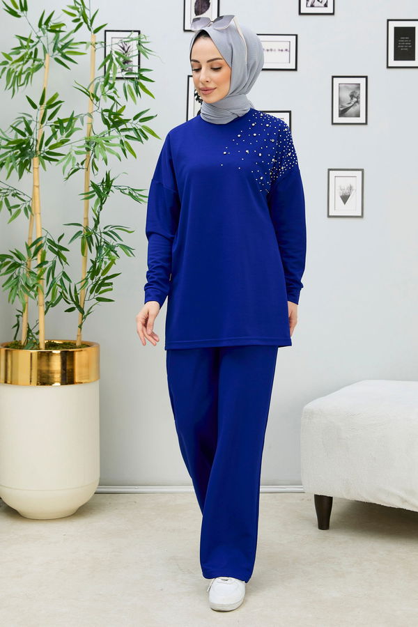 Düz Orta Kadın Mavi Tunik Pantolon - 11333
