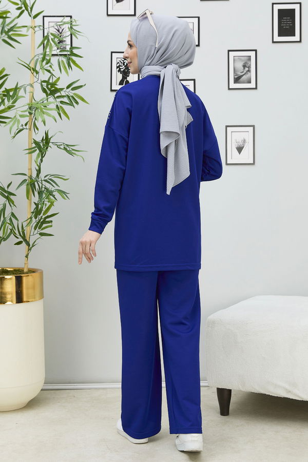 Düz Orta Kadın Mavi Tunik Pantolon - 11333