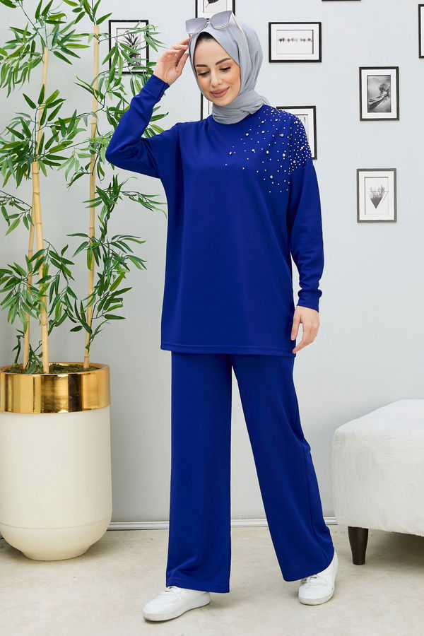 Düz Orta Kadın Mavi Tunik Pantolon - 11333