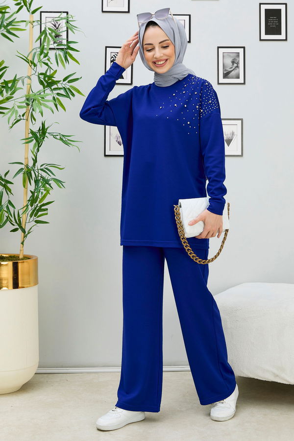 Düz Orta Kadın Mavi Tunik Pantolon - 11333