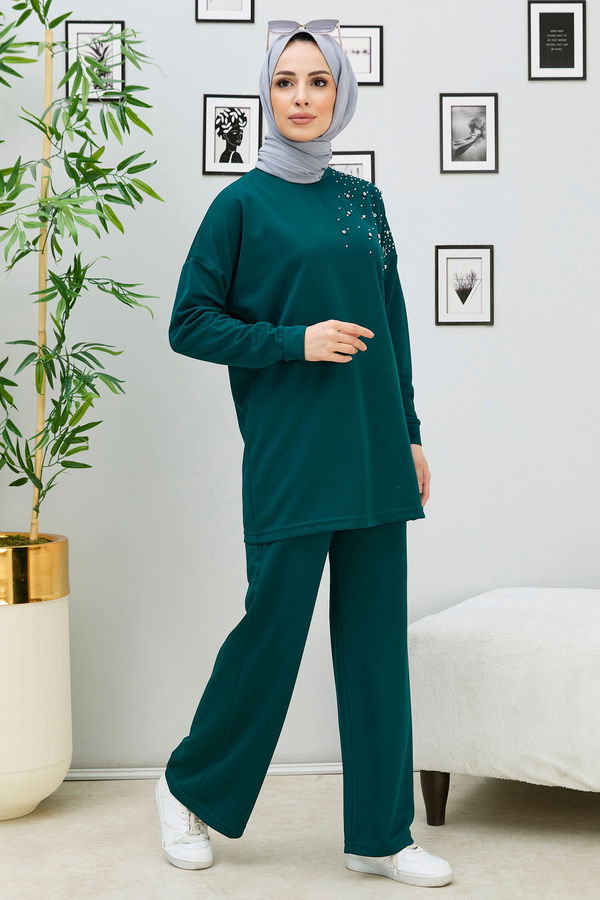 Düz Orta Kadın Yeşil Tunik Pantolon - 11333
