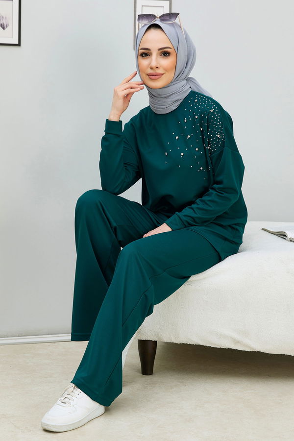 Düz Orta Kadın Yeşil Tunik Pantolon - 11333