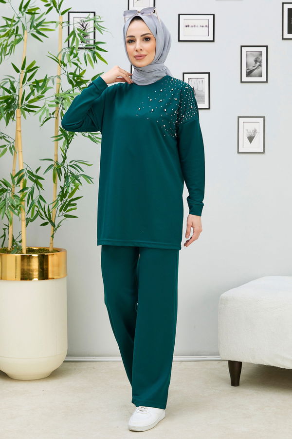 Düz Orta Kadın Yeşil Tunik Pantolon - 11333