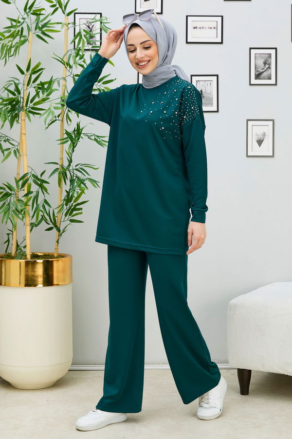 Düz Orta Kadın Yeşil Tunik Pantolon - 11333
