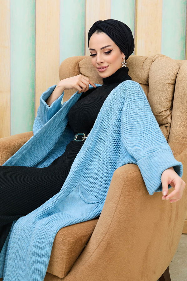 Düz Balıkcı Yaka Kadın Mavi Triko Elbise+Hırka - 21916