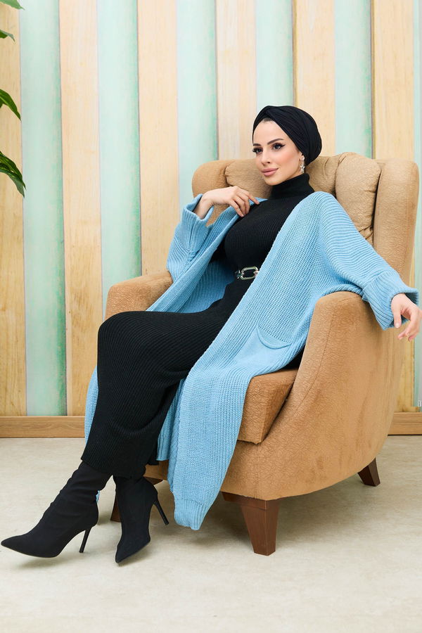 Düz Balıkcı Yaka Kadın Mavi Triko Elbise+Hırka - 21916