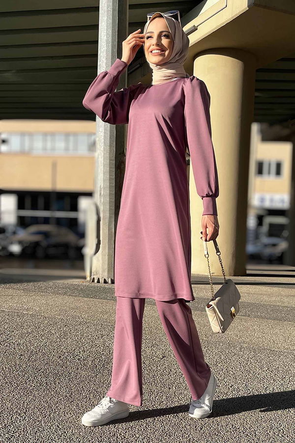 Düz Bisiklet Yaka Kadın Lila Tunik Pantolon - 11343 LİLA