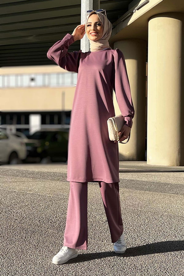 Düz Bisiklet Yaka Kadın Lila Tunik Pantolon - 11343 LİLA