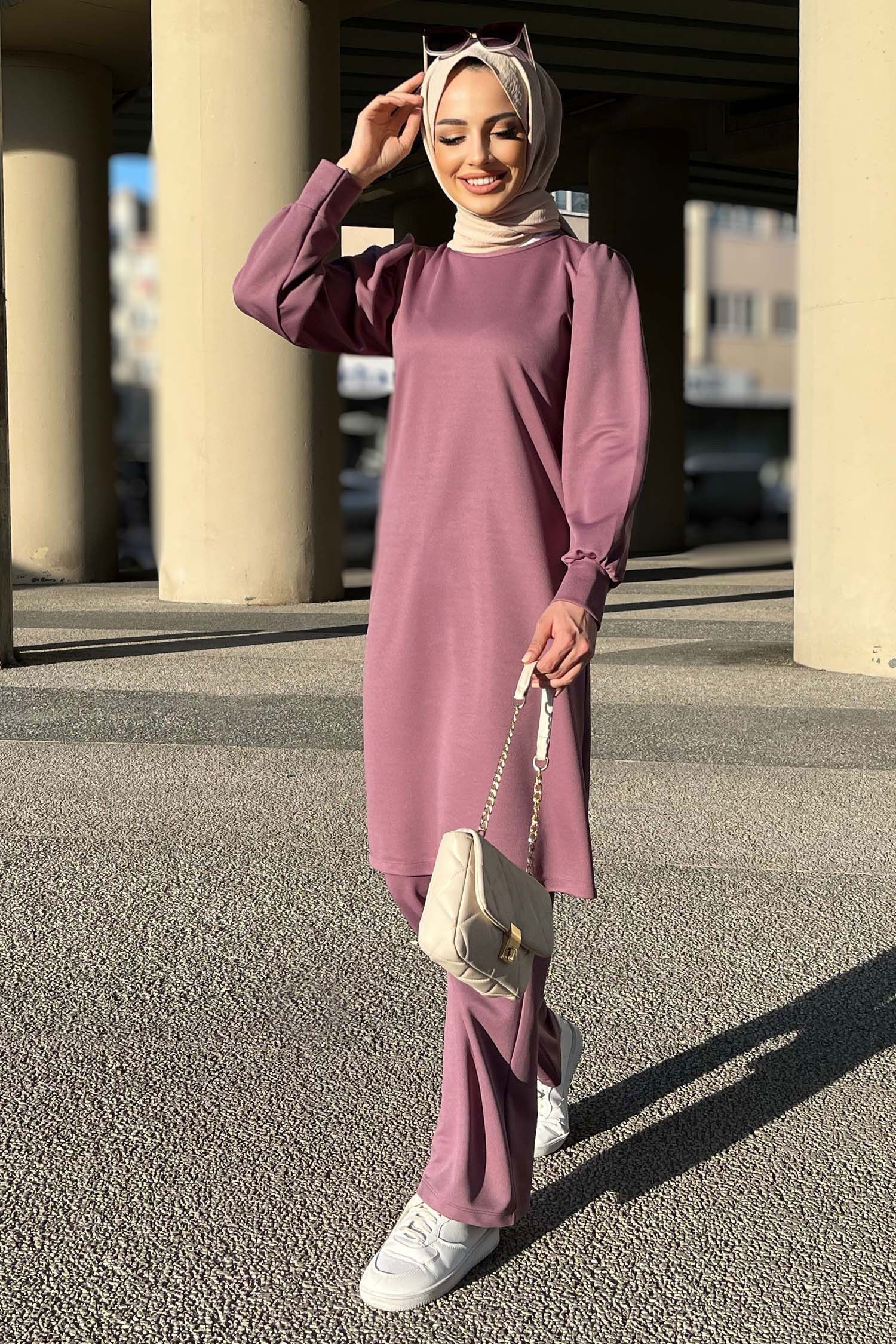 Düz Bisiklet Yaka Kadın Lila Tunik Pantolon - 11343 LİLA