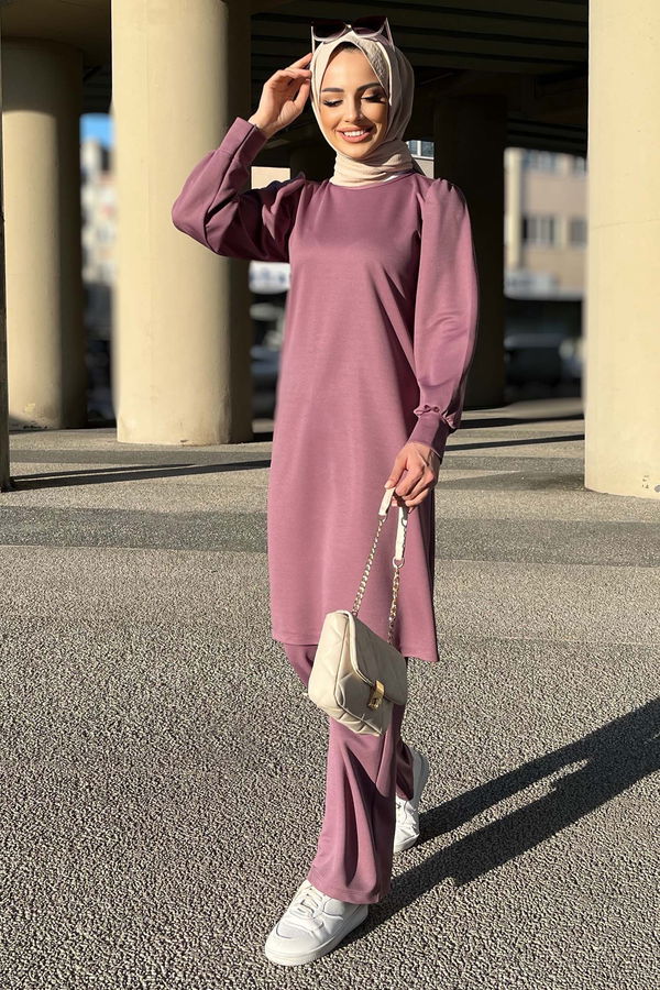 Düz Bisiklet Yaka Kadın Lila Tunik Pantolon - 11343 LİLA