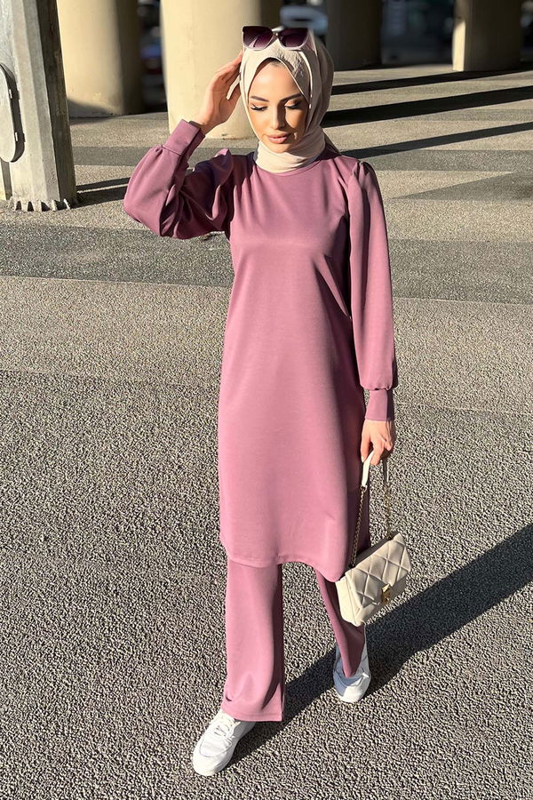 Düz Bisiklet Yaka Kadın Lila Tunik Pantolon - 11343 LİLA