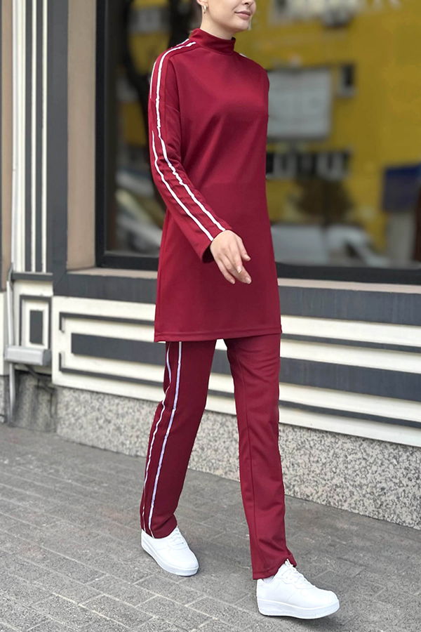 Düz Hakim Yaka Kadın Bordo Tunik Pantolon - 11336 BORDO
