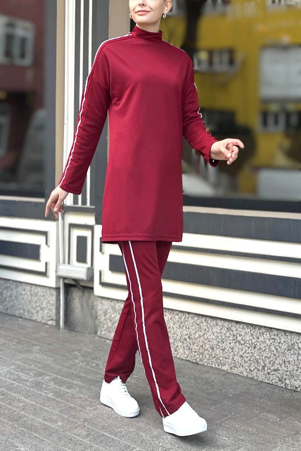 Düz Hakim Yaka Kadın Bordo Tunik Pantolon - 11336 BORDO