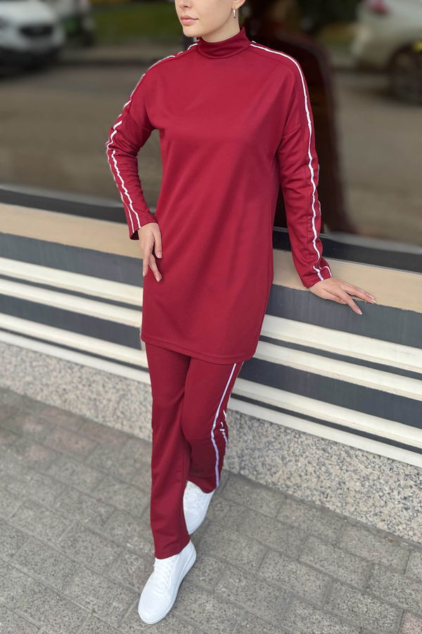 Düz Hakim Yaka Kadın Bordo Tunik Pantolon - 11336 BORDO