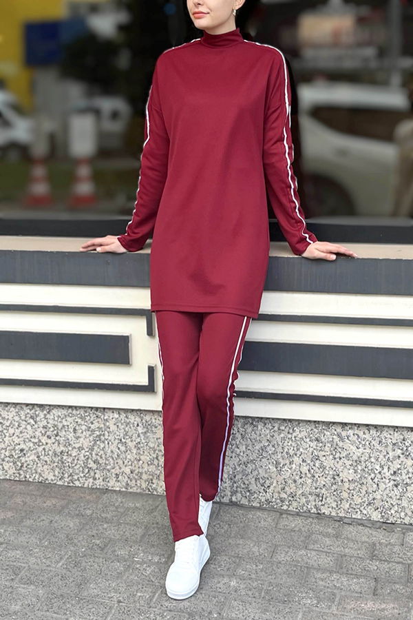 Düz Hakim Yaka Kadın Bordo Tunik Pantolon - 11336 BORDO