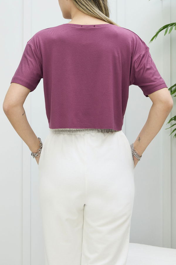 Düz Bisiklet Yaka Kadın Bordo Crop - 21912 BORDO
