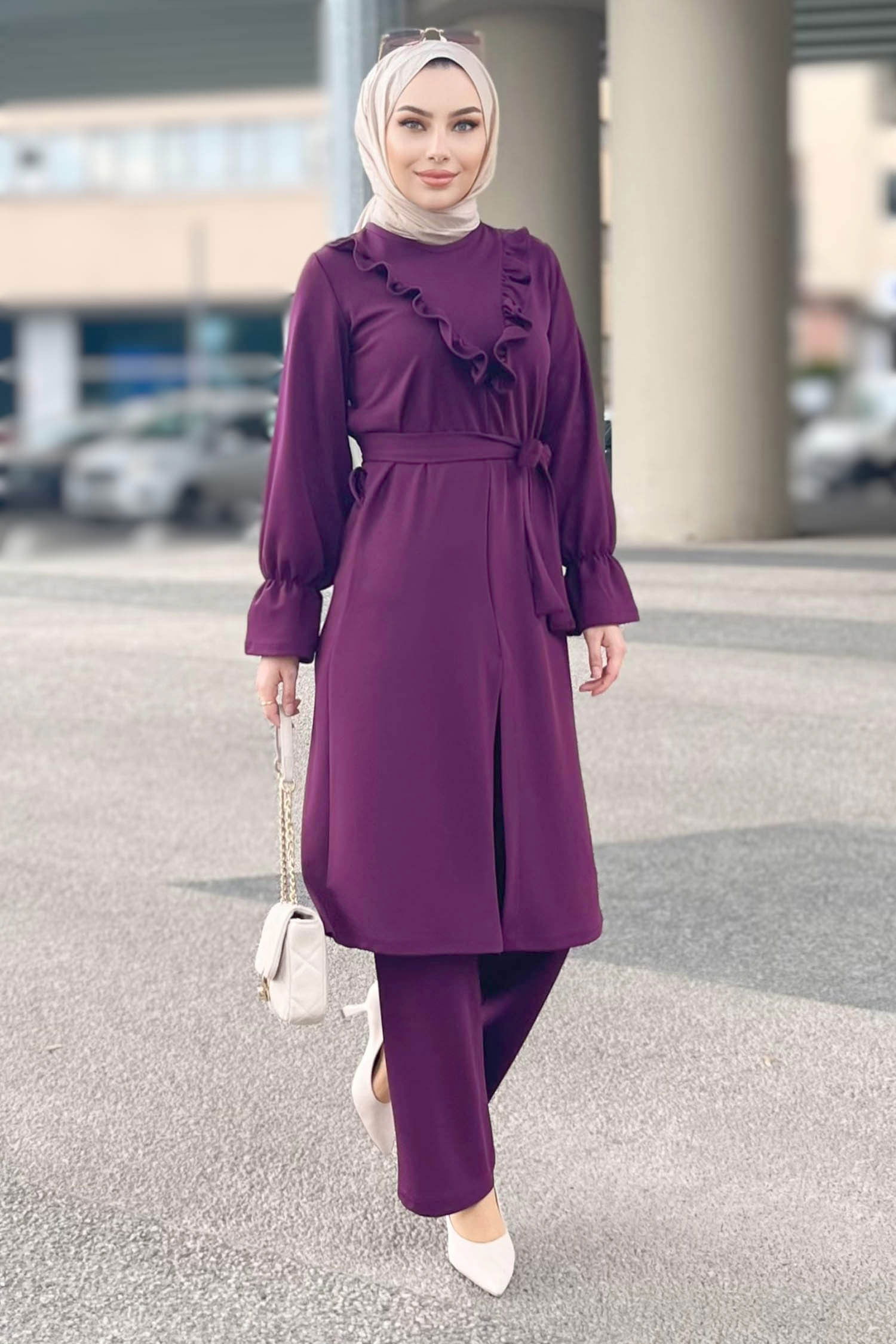 Düz Bisiklet Yaka Kadın Mor Tunik+Pantolon - 11328 MOR
