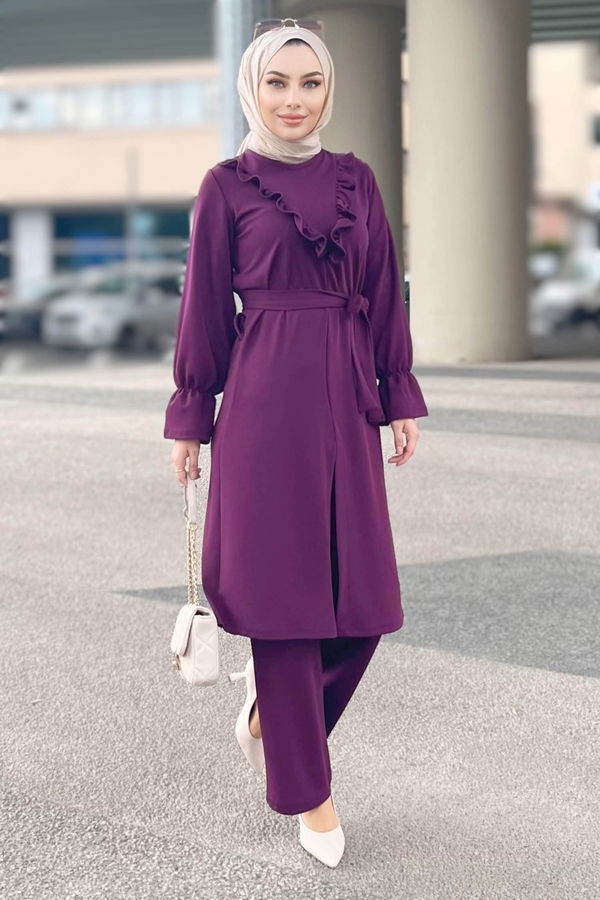 Düz Bisiklet Yaka Kadın Mor Tunik+Pantolon - 11328 MOR