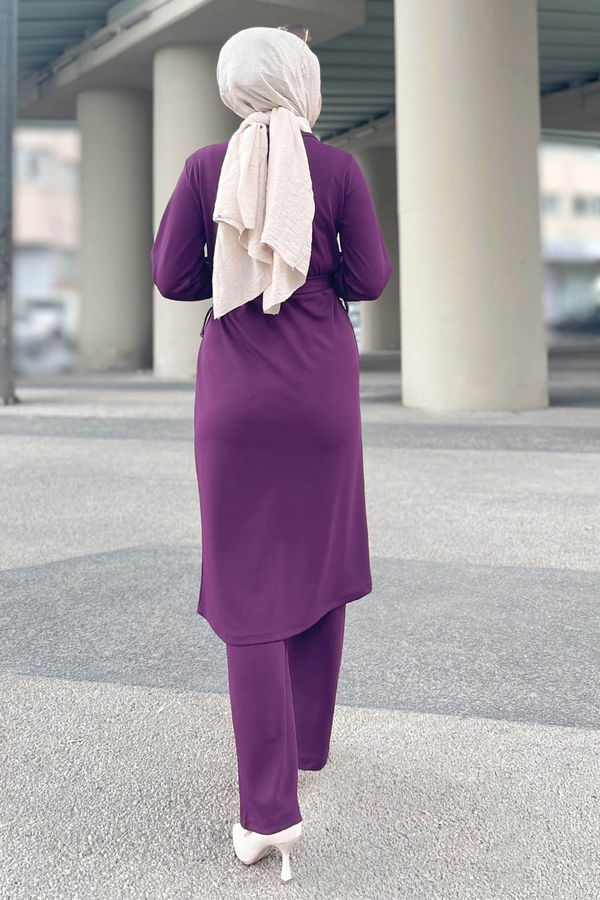 Düz Bisiklet Yaka Kadın Mor Tunik+Pantolon - 11328 MOR