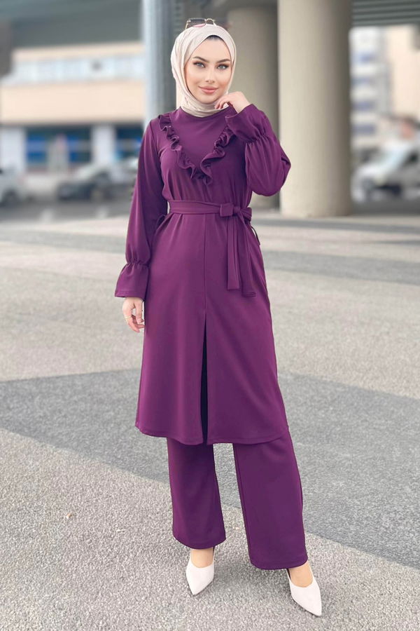 Düz Bisiklet Yaka Kadın Mor Tunik+Pantolon - 11328 MOR