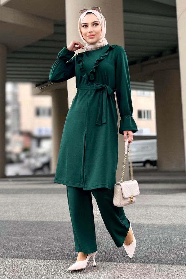 Düz Bisiklet Yaka Kadın Yeşil Tunik+Pantolon - 11328