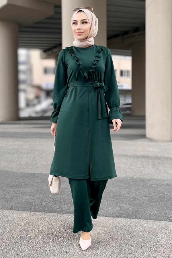 Düz Bisiklet Yaka Kadın Yeşil Tunik+Pantolon - 11328