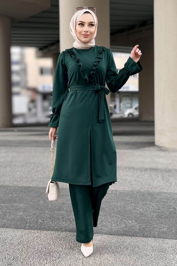 Düz Bisiklet Yaka Kadın Yeşil Tunik+Pantolon - 11328