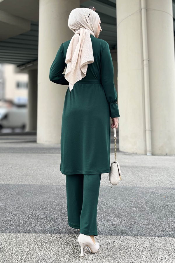 Düz Bisiklet Yaka Kadın Yeşil Tunik+Pantolon - 11328