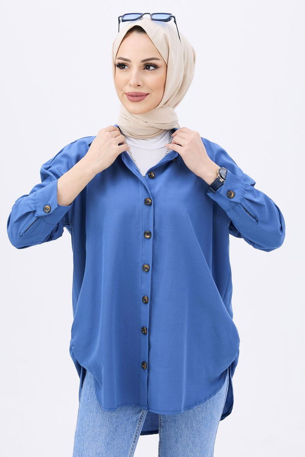 Düz Orta Kadın Mavi Tunik - 11079