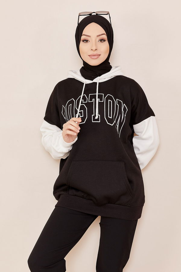 Düz Orta Kadın Siyah KAPSONLU SWEAT - 20815 SİYAH