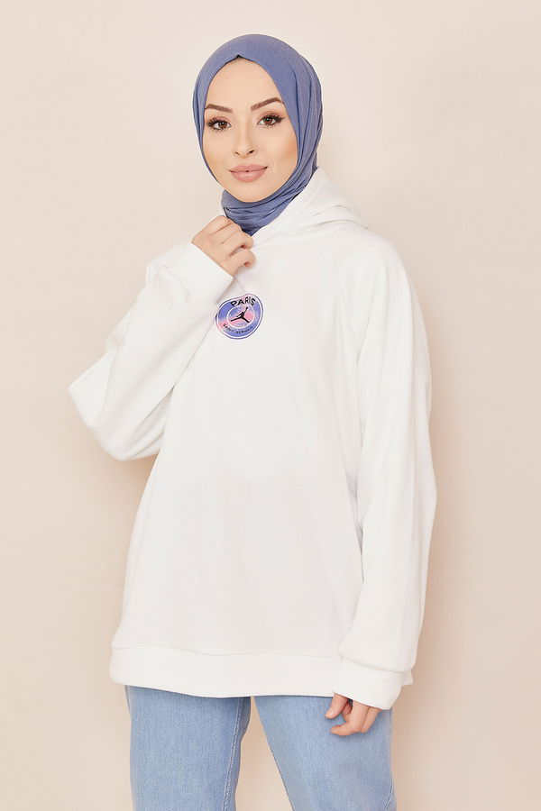 Düz Orta Kadın Beyaz KAPSONLU SWEAT - 20816