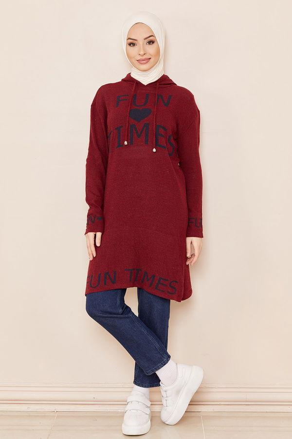 Düz Orta Kadın Bordo KAPSONLU TUNIK - 20834 BORDO