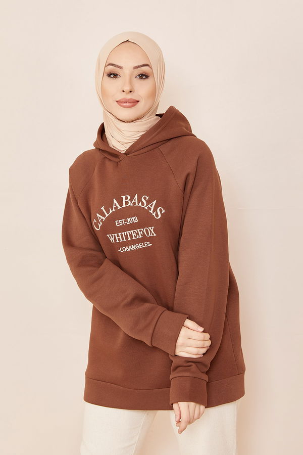 Düz Orta Kadın Kahverengi KAPSONLU SWEAT - 20818