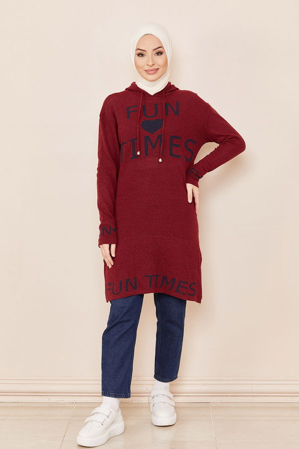 Düz Orta Kadın Bordo KAPSONLU TUNIK - 20834 BORDO