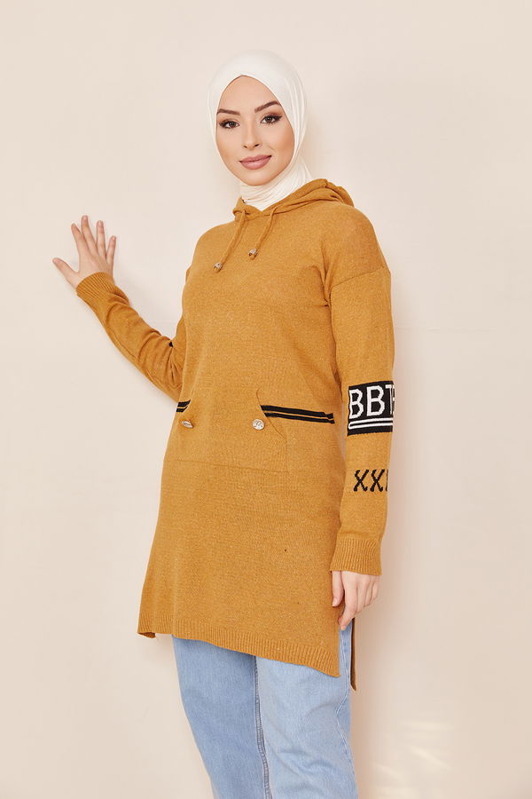 Düz Orta Kadın Sarı KAPSONLU TUNIK - 20838 Sarı